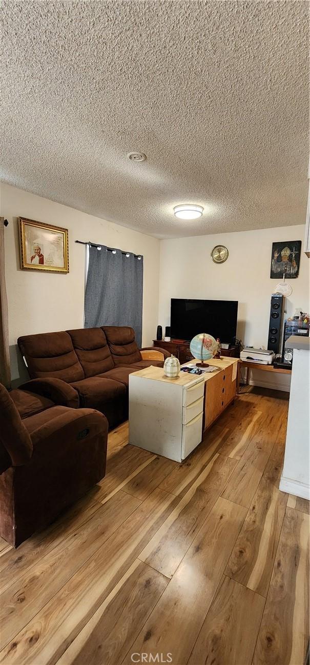 living room featuring a textured ceiling and light hardwood / wood-style floors