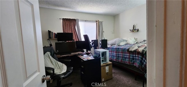 carpeted office featuring a textured ceiling