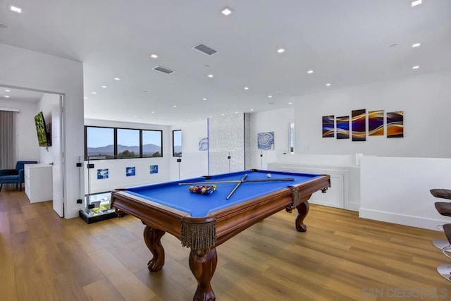 playroom featuring pool table and light wood-type flooring