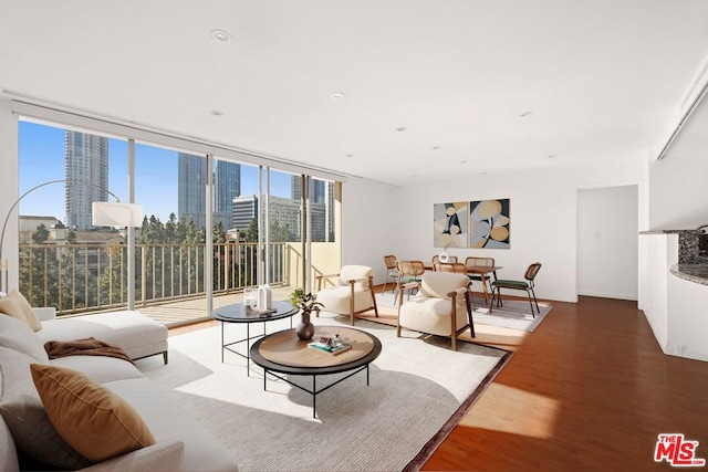 living room with expansive windows, a wealth of natural light, and hardwood / wood-style floors