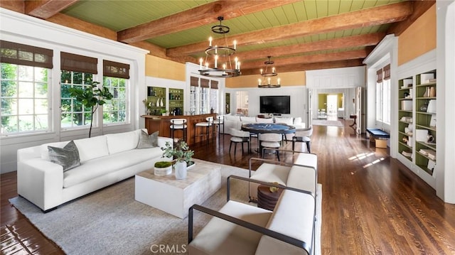 living room featuring dark hardwood / wood-style flooring, a notable chandelier, beam ceiling, and wooden ceiling