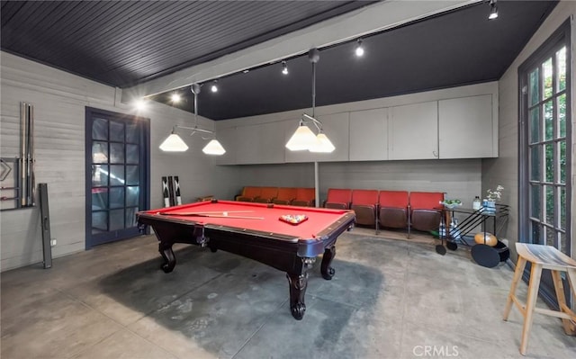 playroom featuring pool table and rail lighting