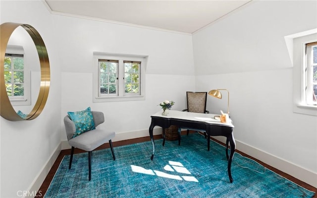 office area featuring hardwood / wood-style flooring and ornamental molding