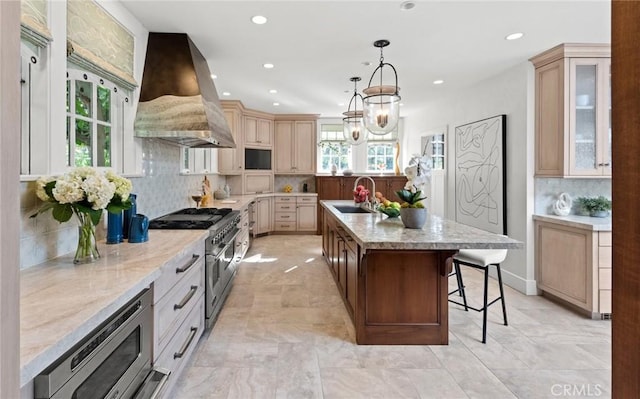 kitchen with sink, appliances with stainless steel finishes, a kitchen island with sink, backsplash, and custom range hood