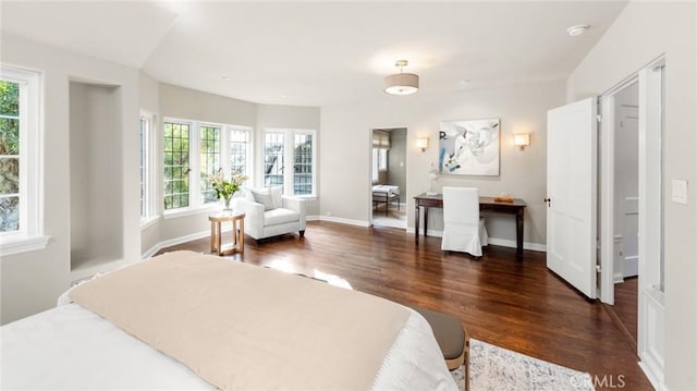 bedroom featuring dark hardwood / wood-style floors and multiple windows