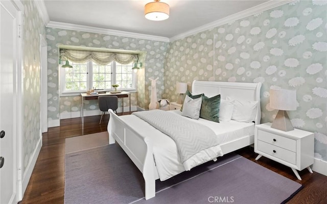 bedroom featuring ornamental molding and dark hardwood / wood-style floors