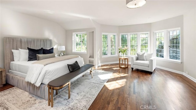 bedroom featuring multiple windows, lofted ceiling, and dark wood-type flooring