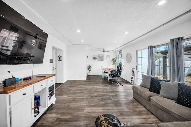 living room featuring dark hardwood / wood-style flooring and a textured ceiling