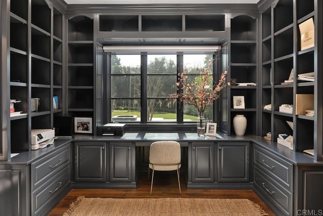 office area with dark hardwood / wood-style flooring and built in desk