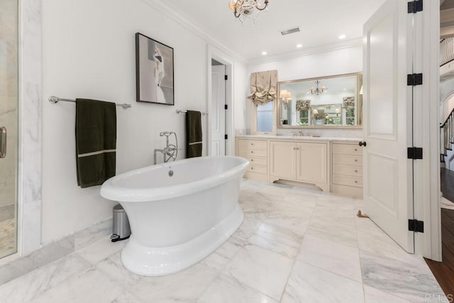 bathroom featuring ornamental molding, a chandelier, visible vents, and vanity