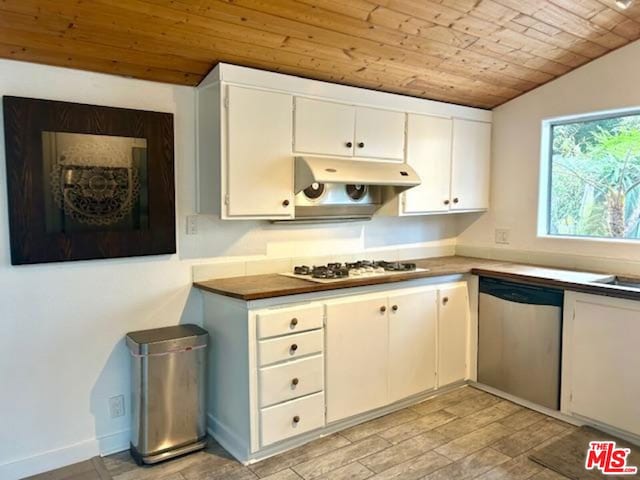 kitchen featuring white cabinetry, dishwasher, wooden ceiling, and white gas cooktop