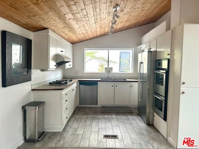 kitchen with white cabinetry, lofted ceiling, sink, stainless steel appliances, and wooden ceiling