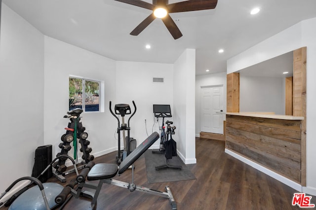 exercise area featuring ceiling fan and dark hardwood / wood-style floors