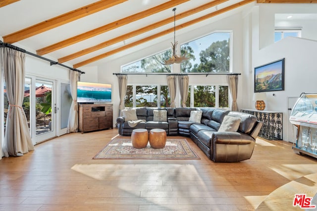 living room featuring beamed ceiling, high vaulted ceiling, and light hardwood / wood-style flooring