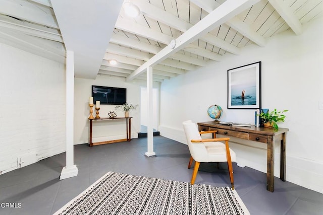 home office featuring beamed ceiling and wooden ceiling