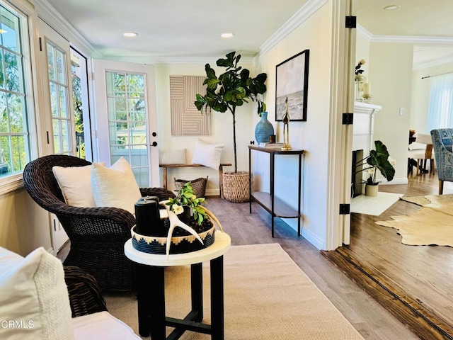 sitting room featuring crown molding and light wood-type flooring