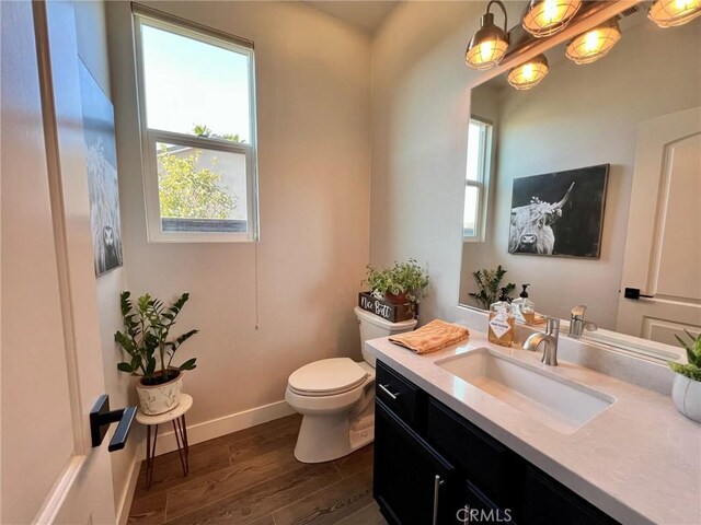 bathroom with hardwood / wood-style flooring, vanity, and toilet