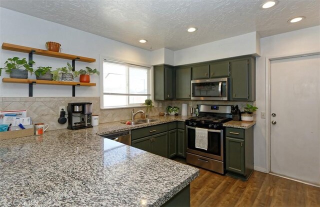 kitchen featuring green cabinetry, dark wood finished floors, stainless steel appliances, and a sink