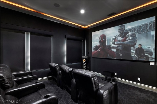 home theater room featuring carpet flooring