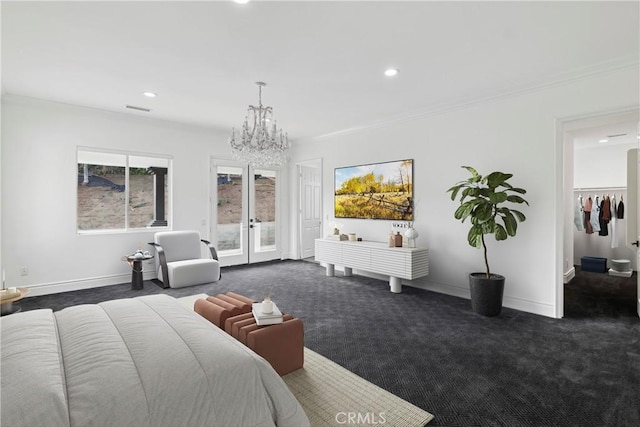 carpeted bedroom featuring crown molding, access to exterior, a chandelier, and french doors