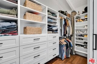 walk in closet with dark hardwood / wood-style flooring