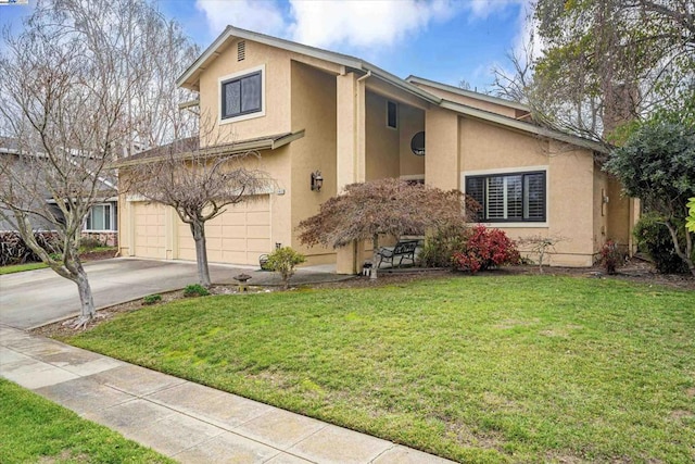 view of front of property with a garage and a front lawn