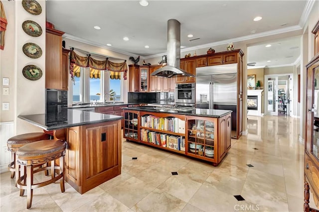 kitchen with sink, appliances with stainless steel finishes, island exhaust hood, ornamental molding, and a kitchen island