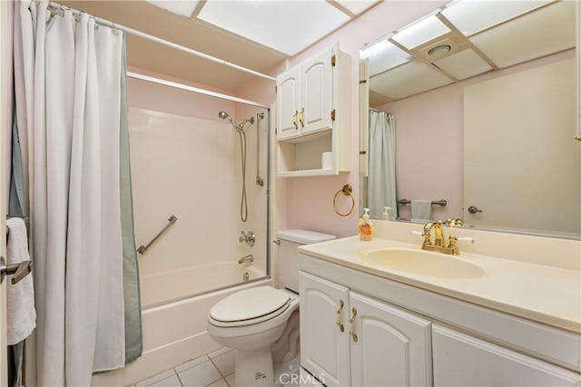 full bathroom with tile patterned flooring, vanity, toilet, and shower / bathtub combination with curtain