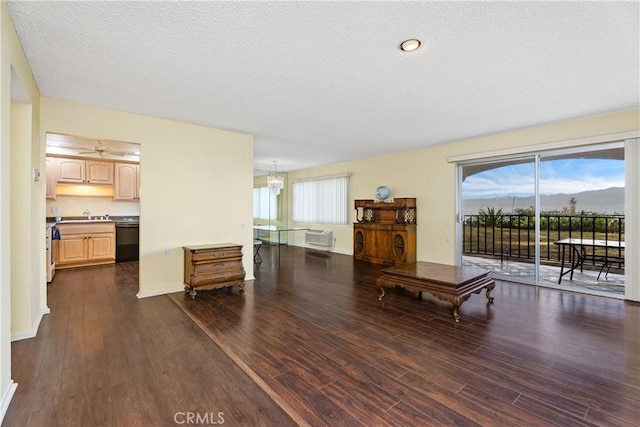 living room with dark wood-type flooring, a mountain view, sink, and a textured ceiling