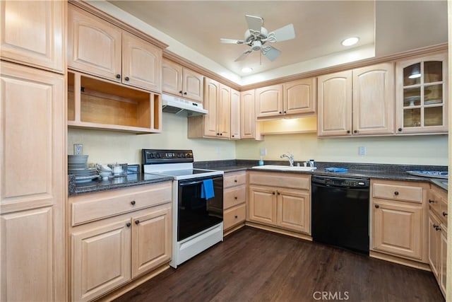 kitchen with sink, black dishwasher, light brown cabinets, and electric range oven