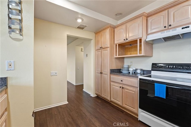 kitchen featuring range with electric stovetop, dark hardwood / wood-style floors, dark stone counters, and light brown cabinets