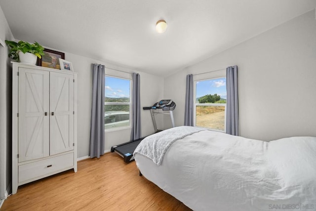 bedroom with lofted ceiling, multiple windows, and light hardwood / wood-style flooring