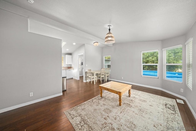 interior space featuring dark wood-type flooring and vaulted ceiling