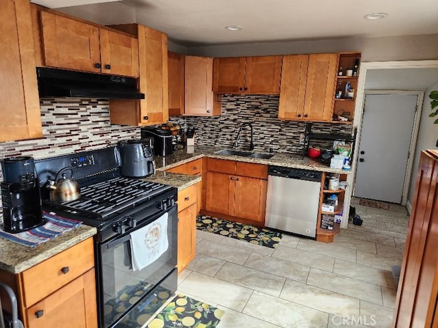 kitchen featuring sink, light tile patterned floors, dishwasher, backsplash, and black range with gas stovetop