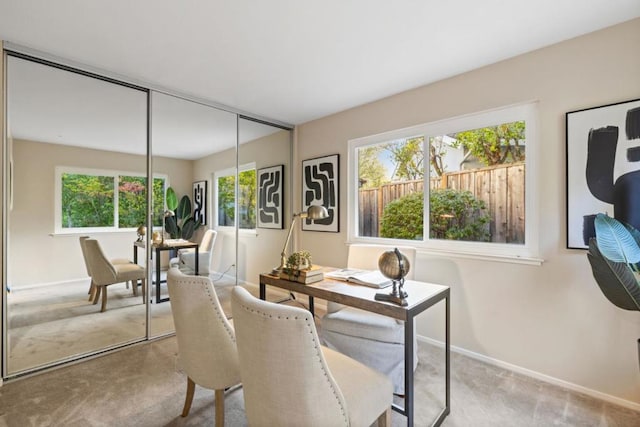 home office featuring light colored carpet