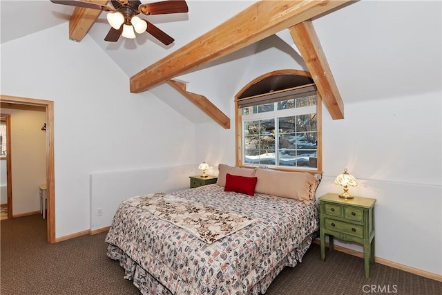 bedroom featuring carpet floors, vaulted ceiling with beams, and ceiling fan