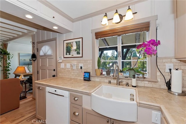 kitchen featuring sink, crown molding, light wood-type flooring, dishwasher, and decorative backsplash