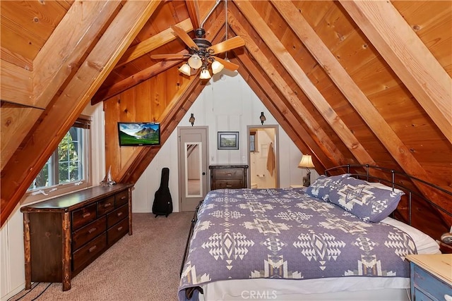 unfurnished bedroom with light colored carpet, wooden ceiling, and vaulted ceiling with beams