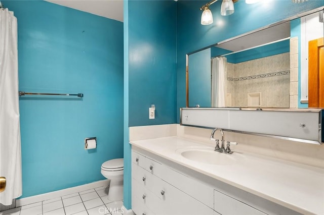 bathroom with vanity, tile patterned floors, toilet, and a shower with shower curtain