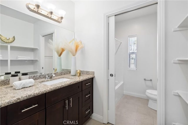 full bathroom featuring bathtub / shower combination, vanity, and toilet