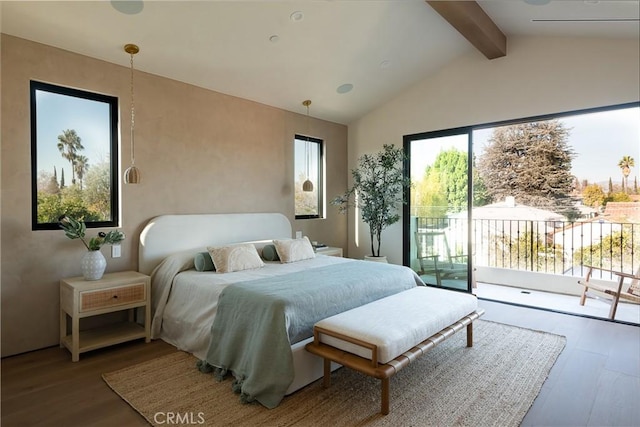 bedroom featuring access to exterior, vaulted ceiling with beams, and hardwood / wood-style floors