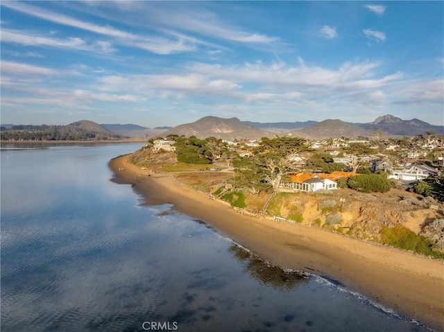 bird's eye view featuring a water and mountain view