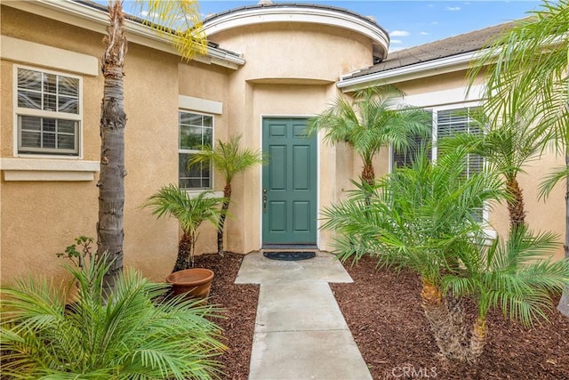 doorway to property with stucco siding