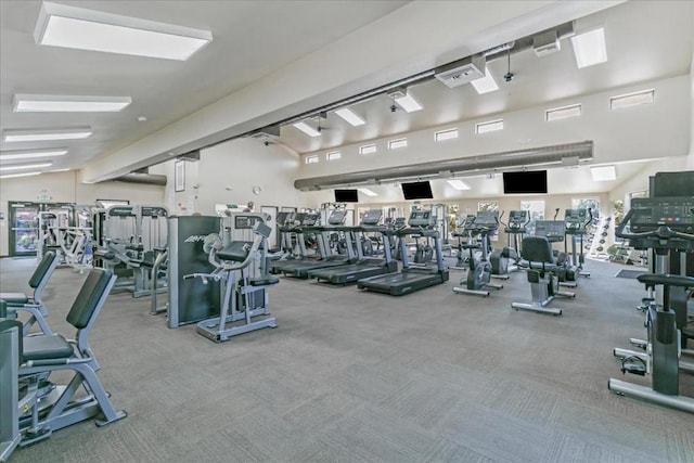 workout area featuring high vaulted ceiling