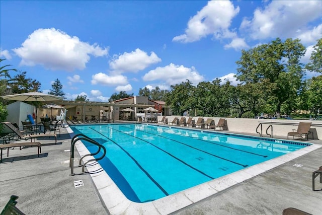 view of swimming pool featuring a patio