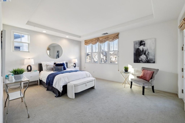 bedroom featuring a raised ceiling and carpet flooring