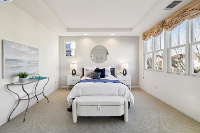 bedroom with light colored carpet and a raised ceiling