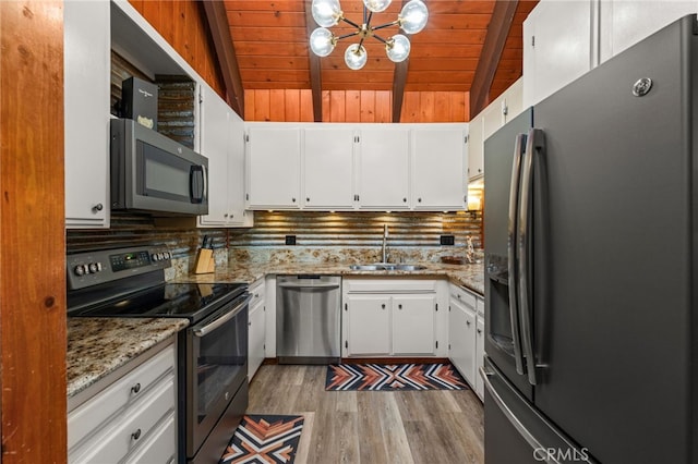 kitchen featuring light wood finished floors, decorative backsplash, stainless steel appliances, white cabinetry, and a sink