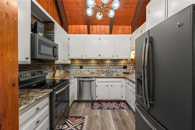 kitchen with wood finished floors, wood ceiling, white cabinetry, a sink, and appliances with stainless steel finishes