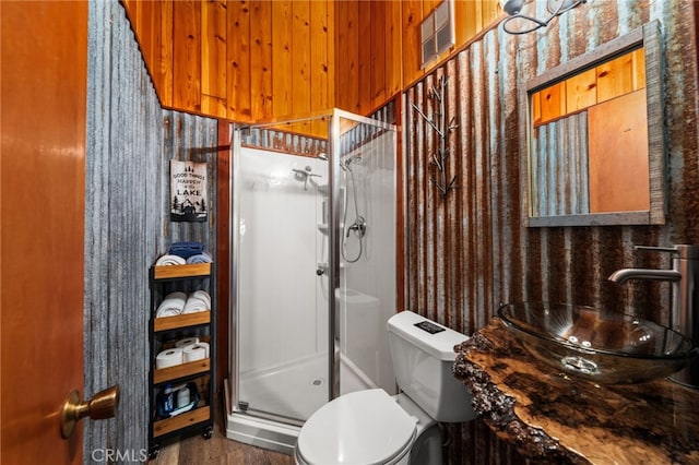 full bathroom featuring toilet, visible vents, a stall shower, and a sink